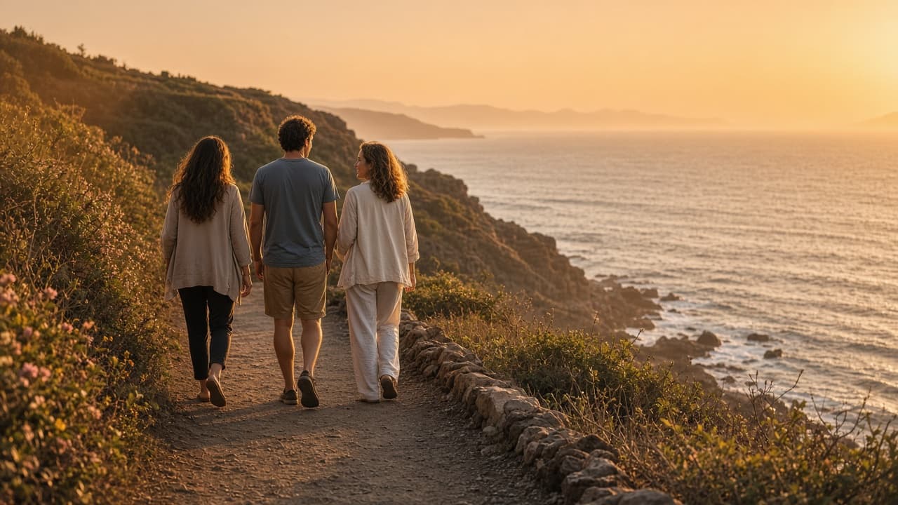 Menschen auf einem Küstenpfad auf La Gomera im warmen Abendlicht